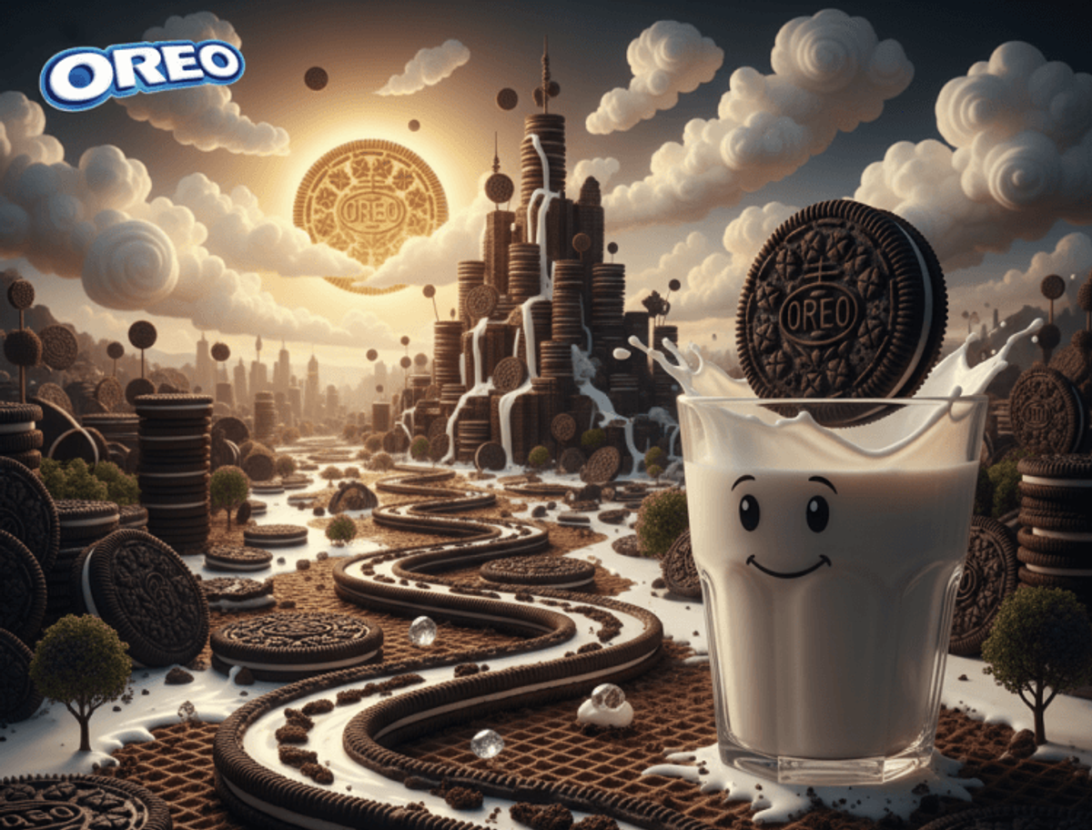 Oreo cookies in whimsical fantasy landscape.
