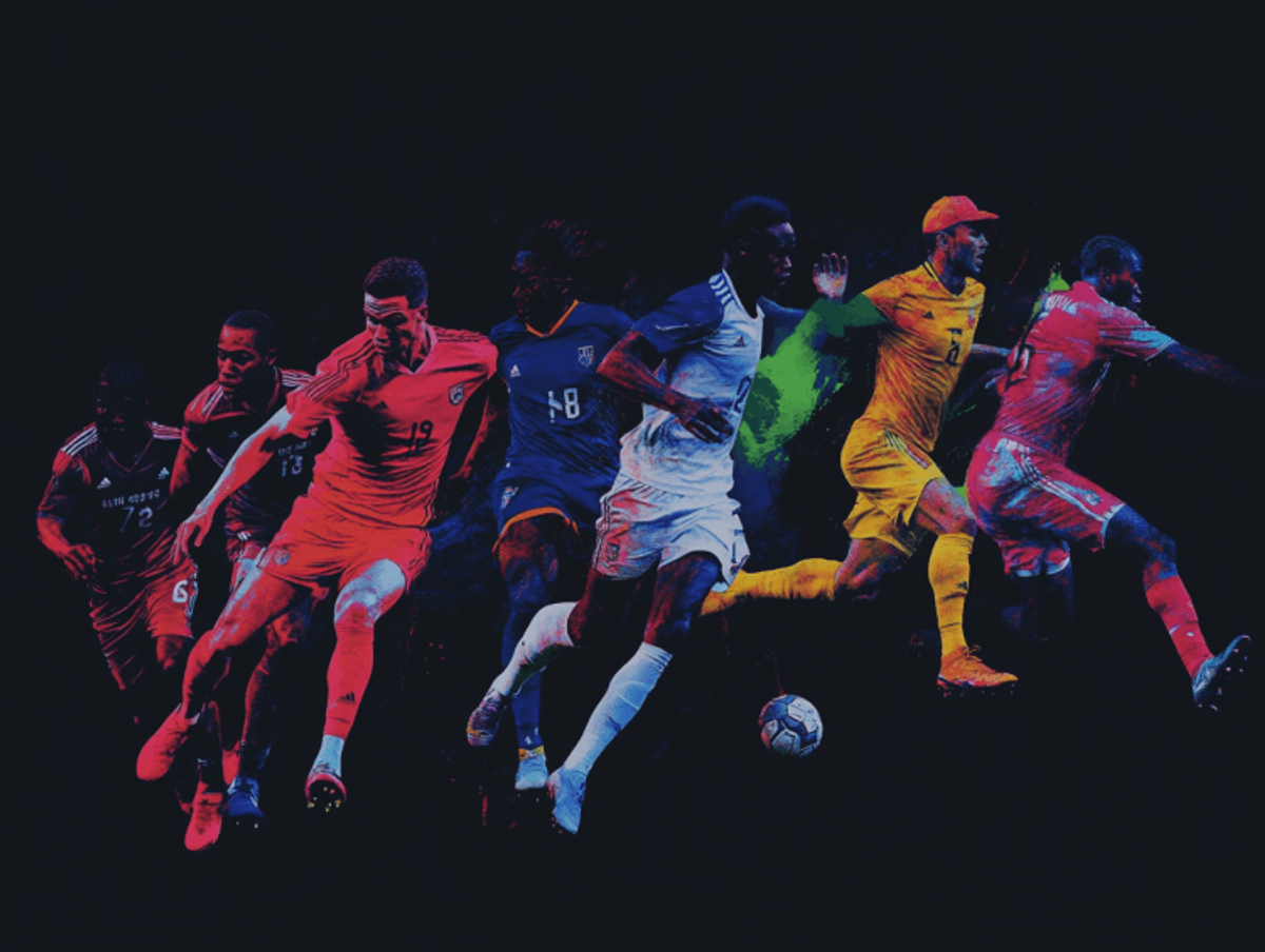 Colorful soccer players running during match.