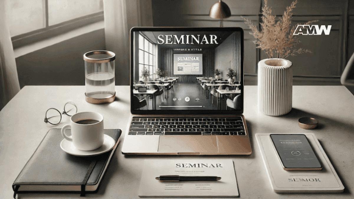 Laptop and desk with seminar materials