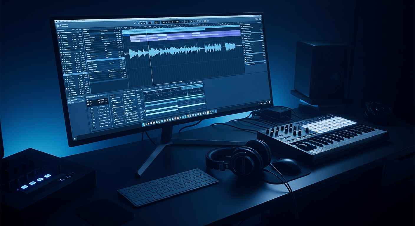 Pop music promotion with modern recording studio and hit-making equipment