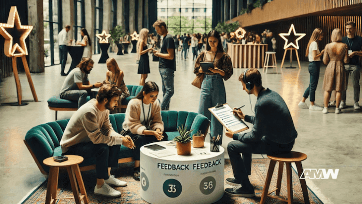 People discussing feedback in modern office space.