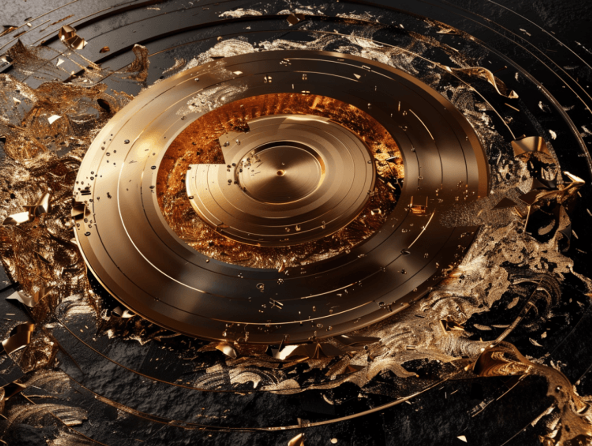 Abstract gold and black circular design with textures.
