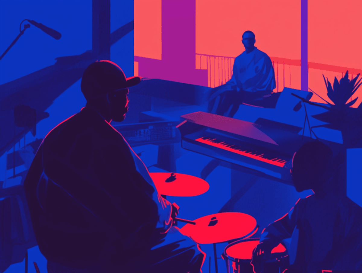 Three musicians play jazz in vibrant colors.