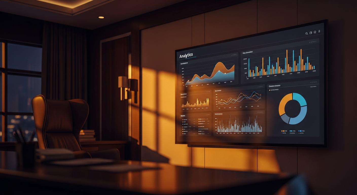 Analytics dashboard displaying media measurement metrics in executive office