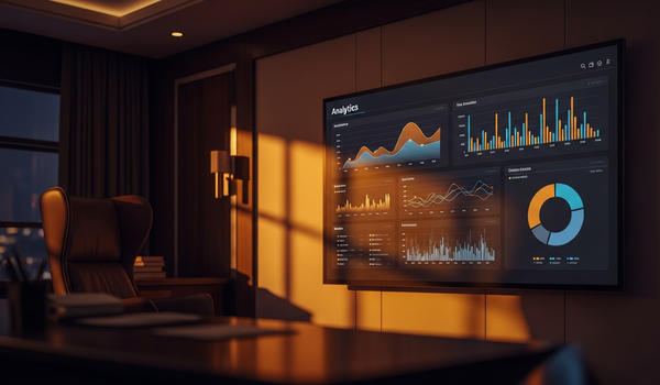 Analytics dashboard displaying media measurement metrics in executive office