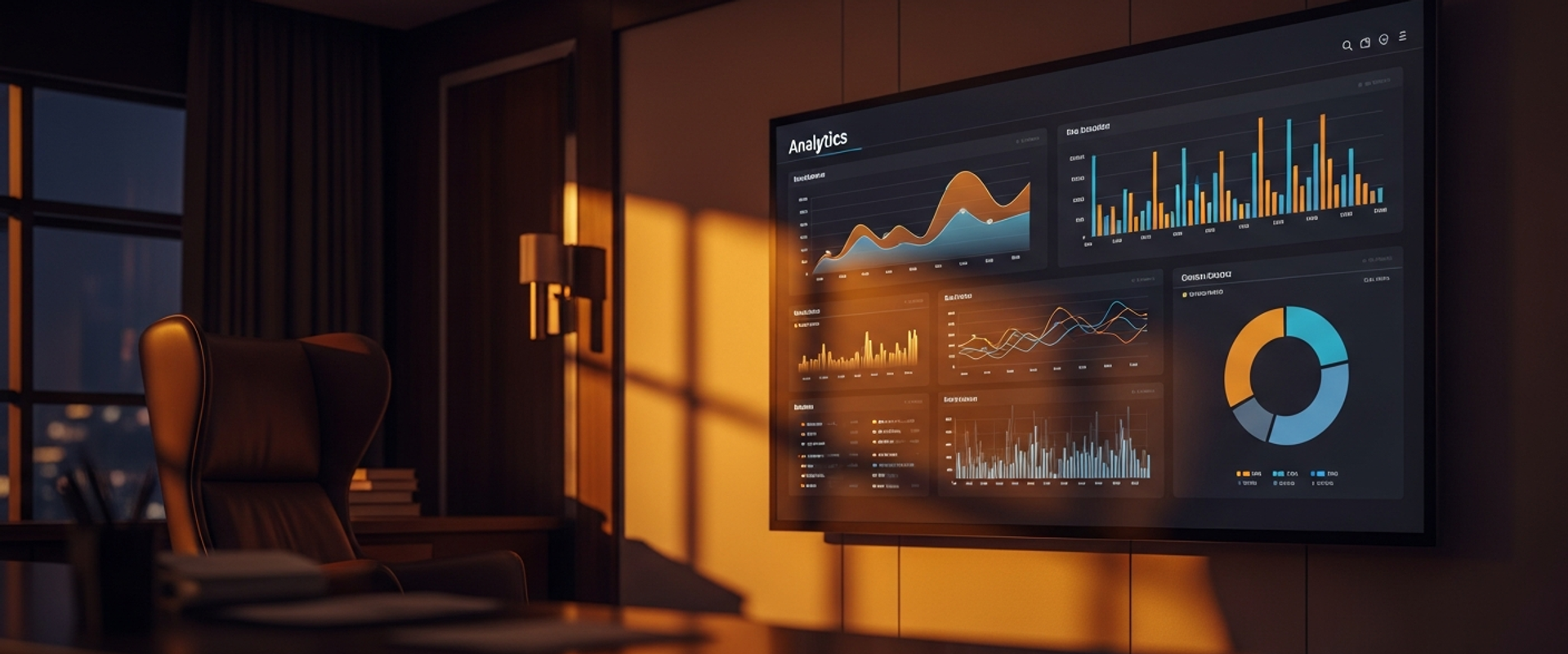 Analytics dashboard displaying media measurement metrics in executive office