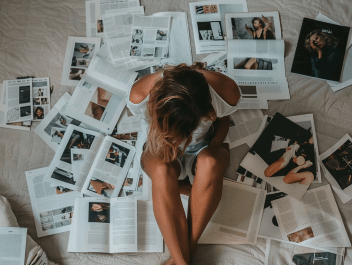Woman surrounded by open magazines on a bed.