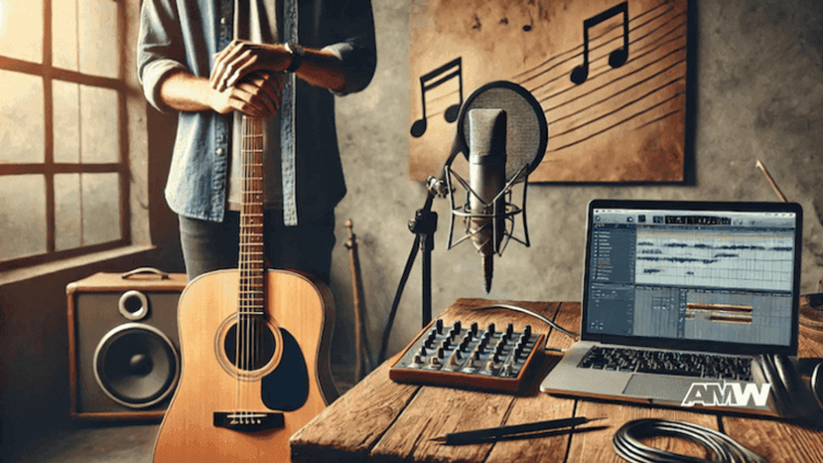 Home music studio with guitar, microphone, laptop.