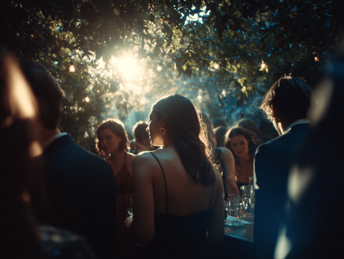 People gathered under trees at outdoor event.