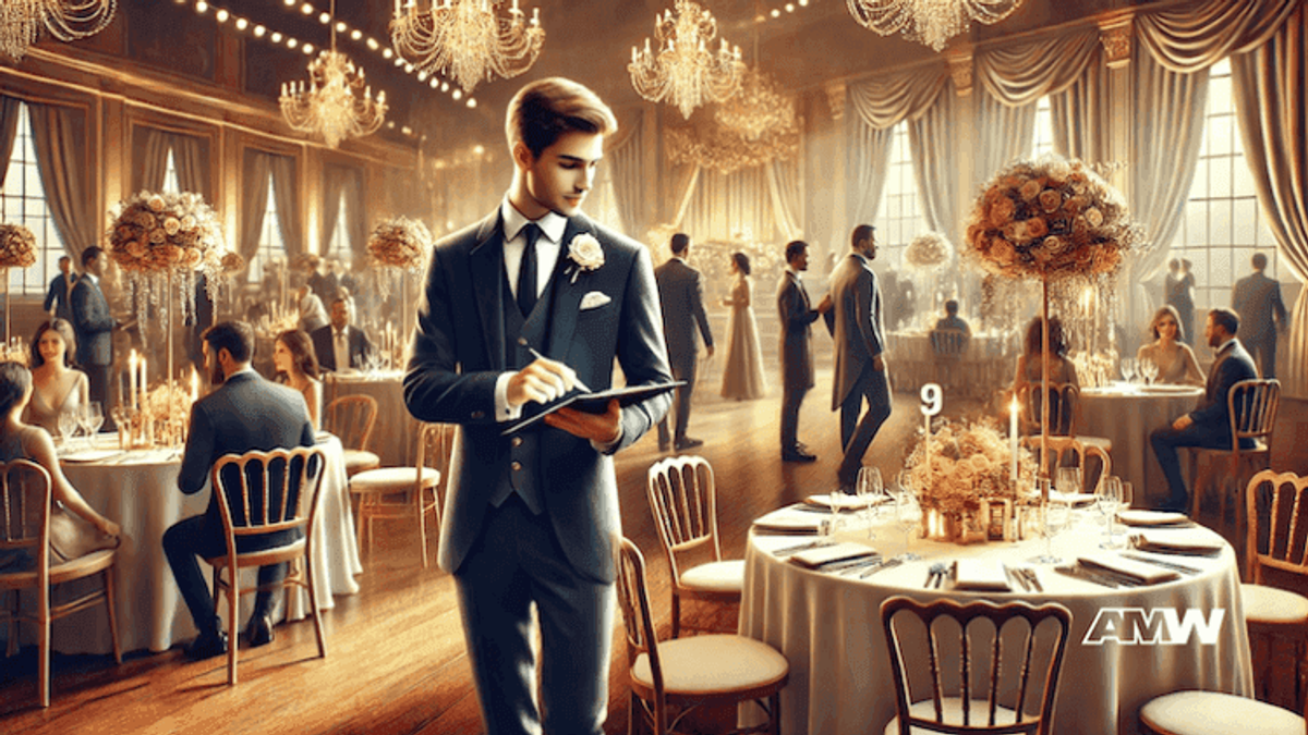 Elegant dining event with guests and chandeliers.