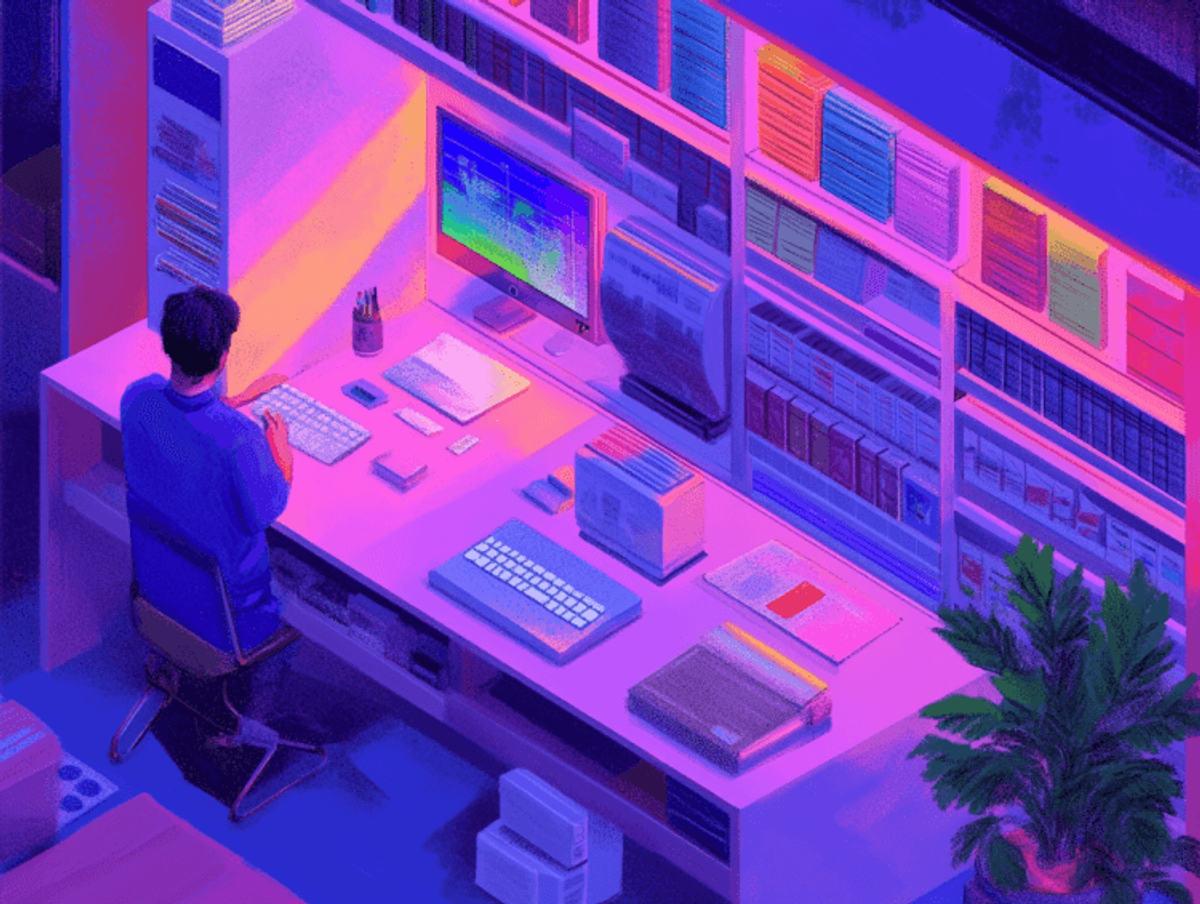 Person at colorful office desk with computer, books.