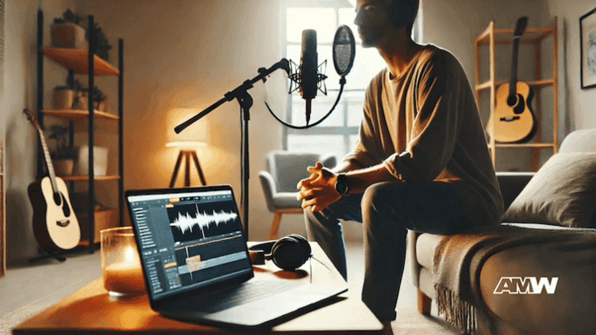 Person recording podcast in cozy studio.