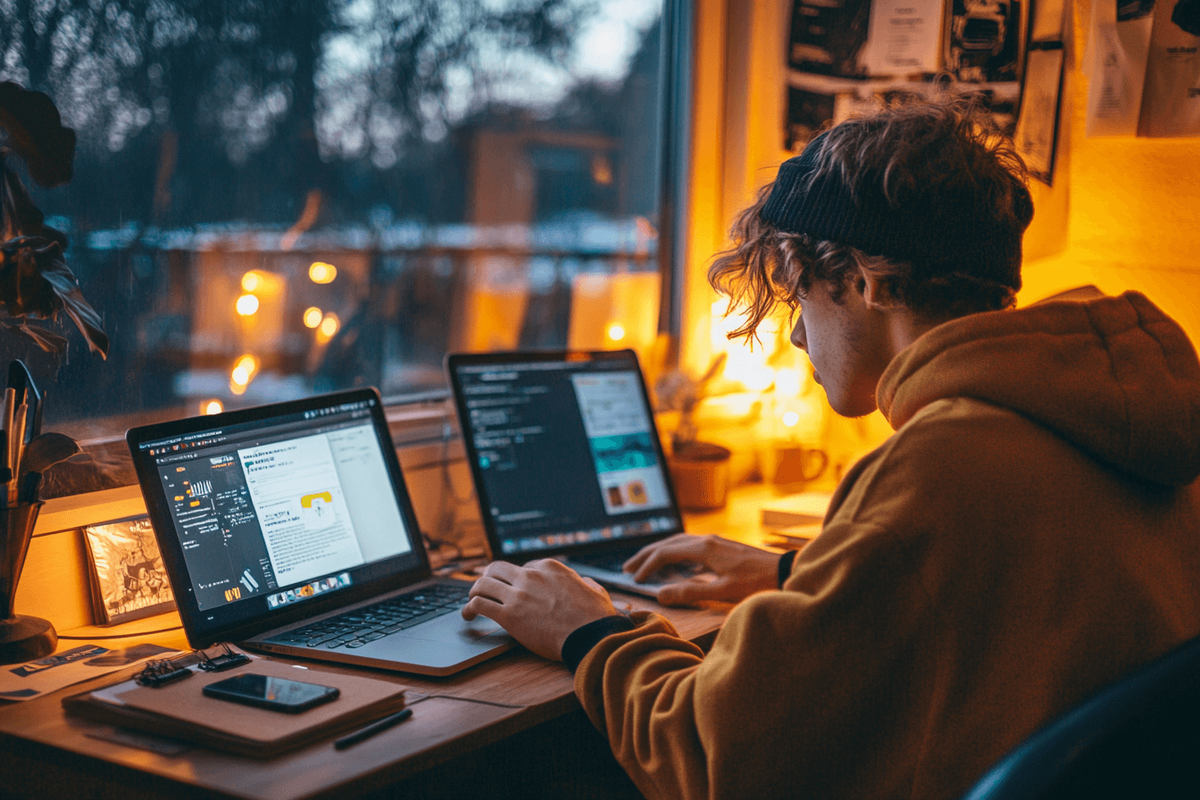 Young programmer coding on laptops in cozy setup.