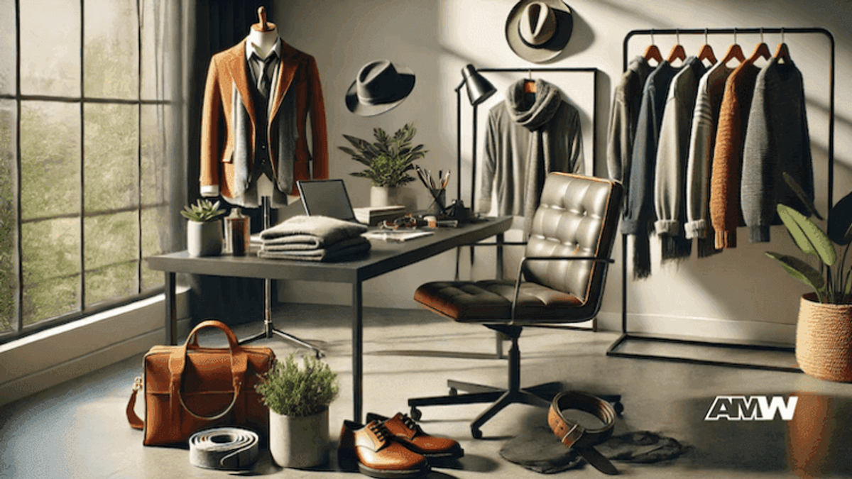 Stylish men&#039;s fashion workspace with clothes and accessories.