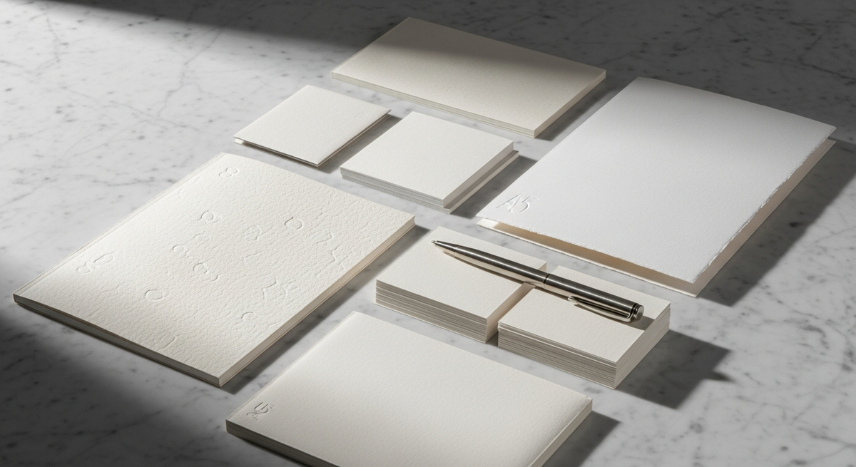 Refined press materials and communication tools arranged on marble surface
