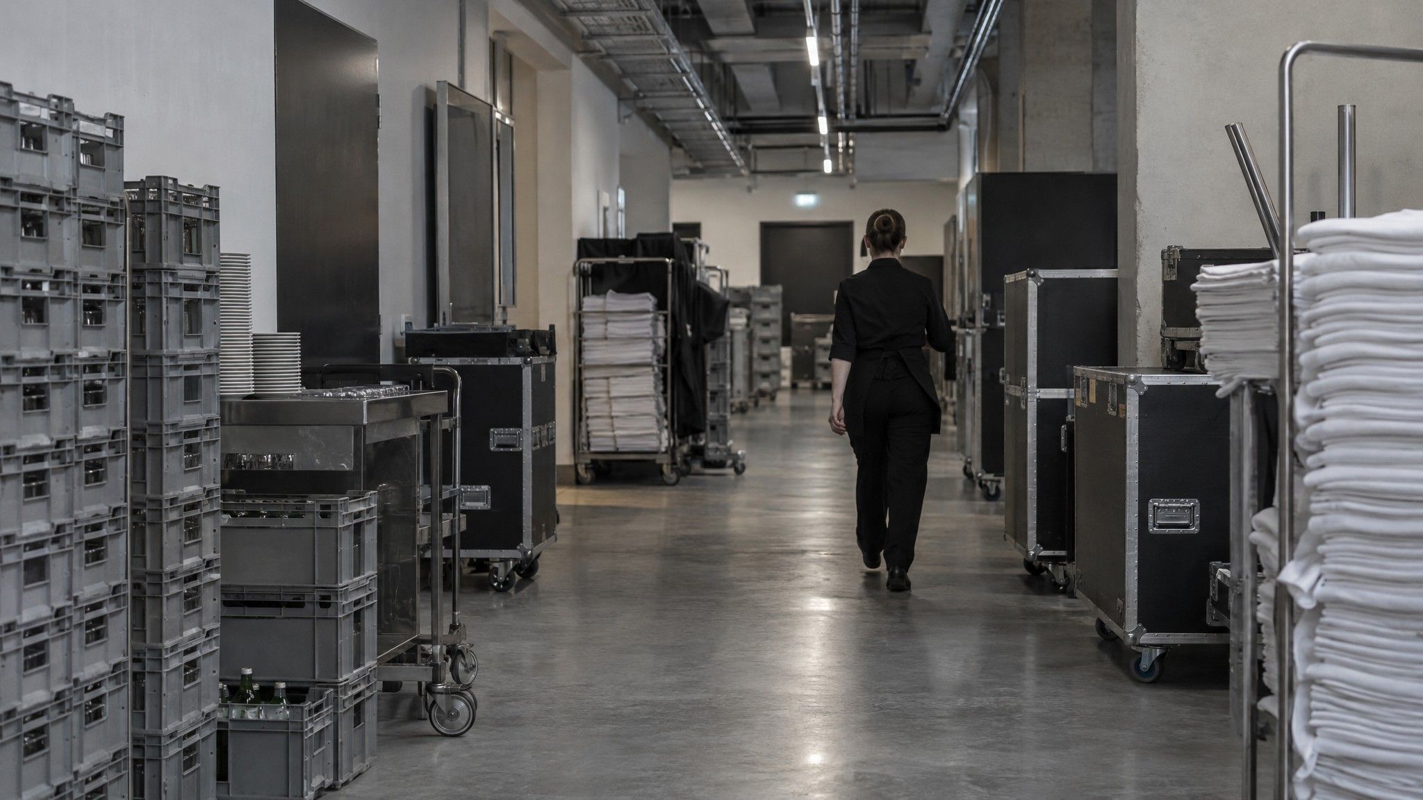 Venue back corridor lined with catering crates and road cases