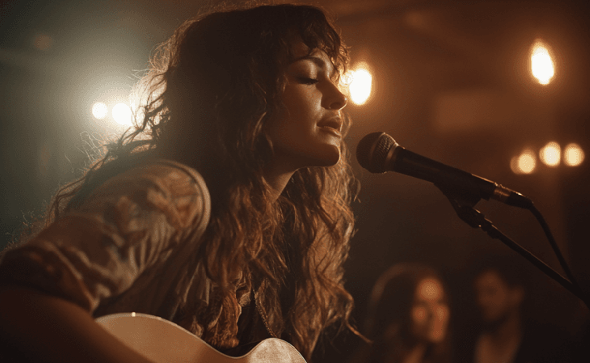 Woman singing passionately on stage with guitar