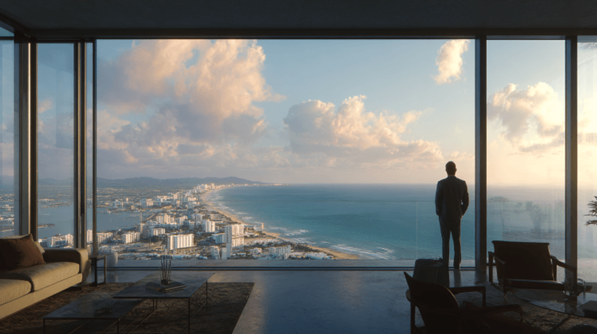 Man enjoys city and ocean view from high-rise window.