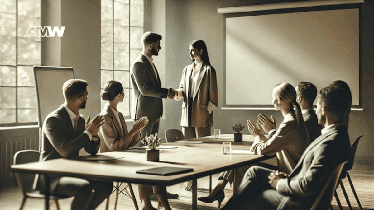 Business meeting with presentation and handshake.