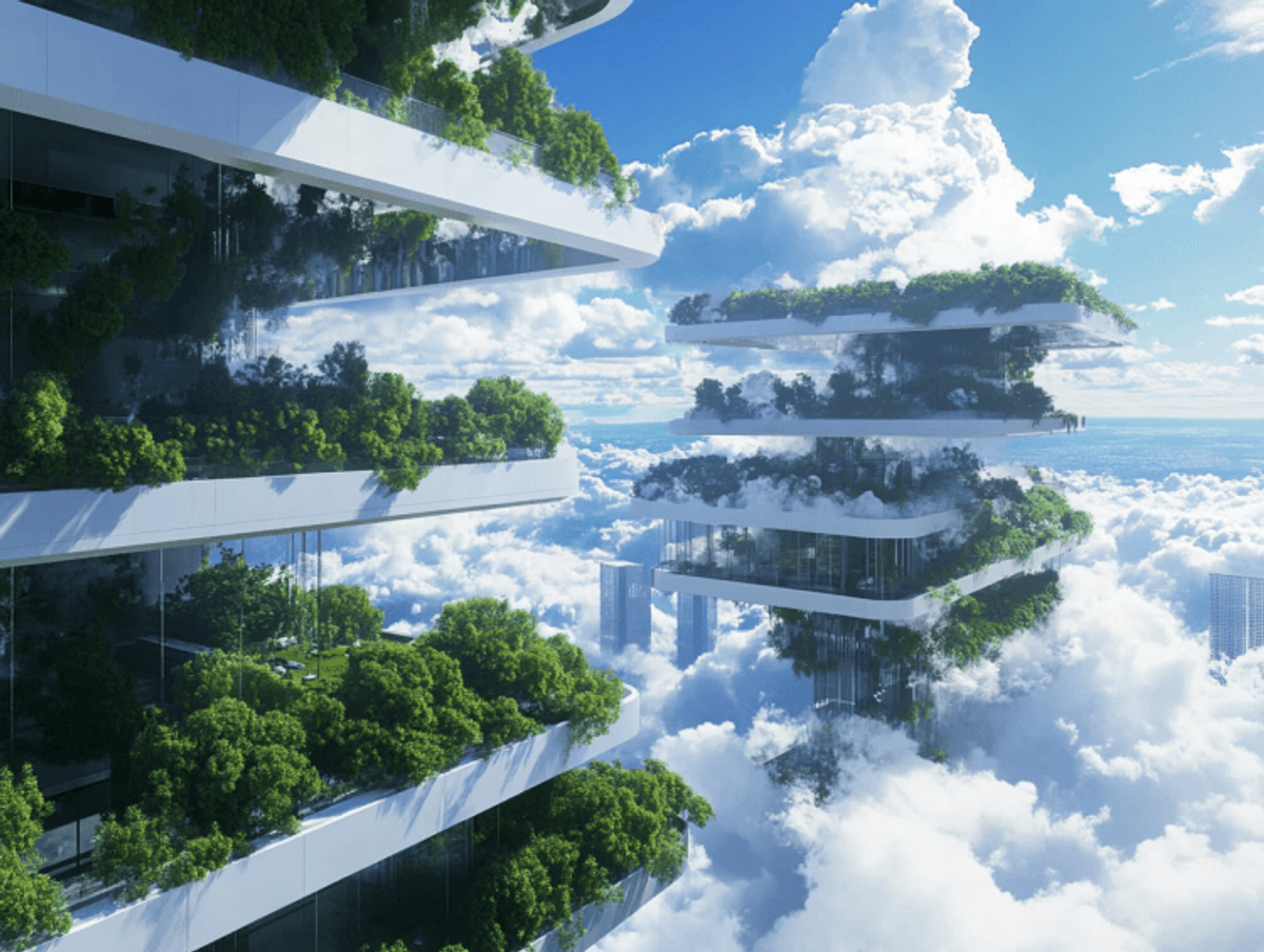 Futuristic skyscrapers with greenery above clouds.