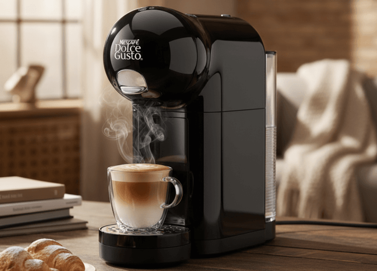 Coffee machine brewing cappuccino in cozy kitchen.