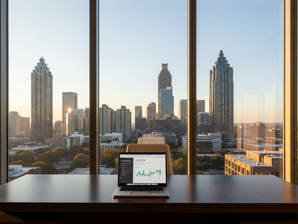 Modern content marketing workspace overlooking Atlanta skyline