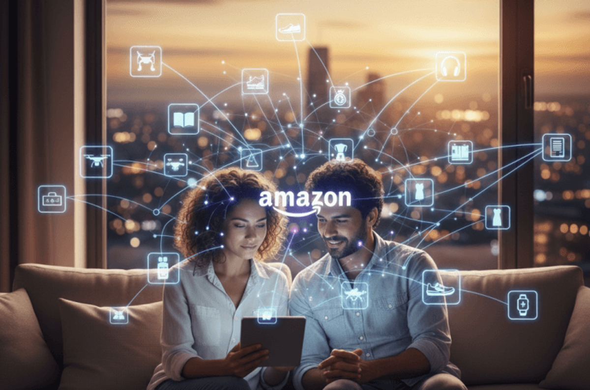Couple shopping online with Amazon tablet icons.