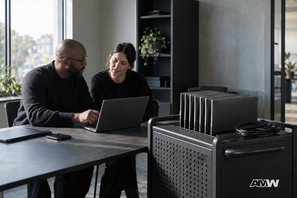 A man and woman discuss a laptop at a table next to a charging cart filled with vertical laptops.
