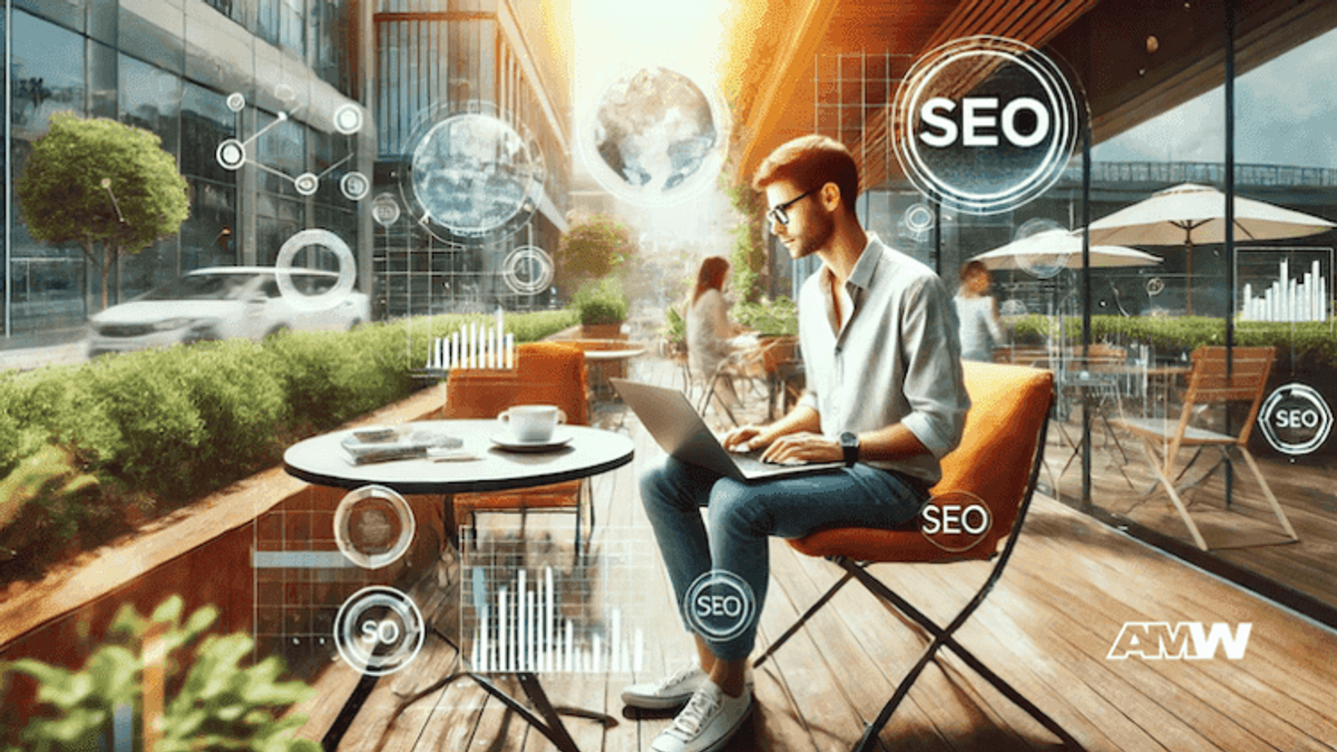 Man working on laptop outdoor SEO visualization.