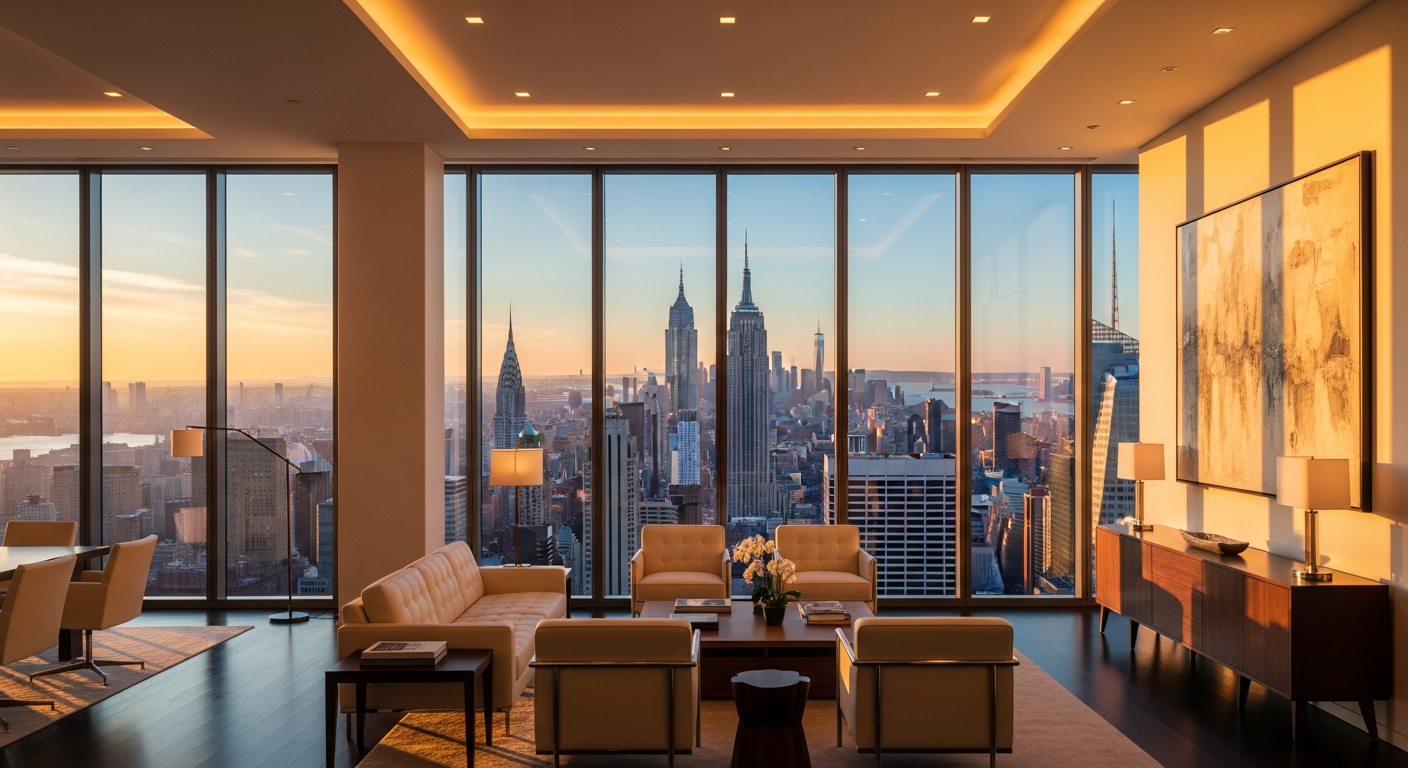 Manhattan skyline at golden hour from executive office with Empire State Building view