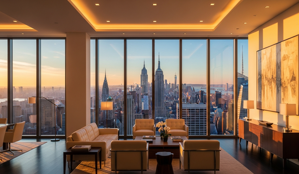 Manhattan skyline at golden hour from executive office with Empire State Building view