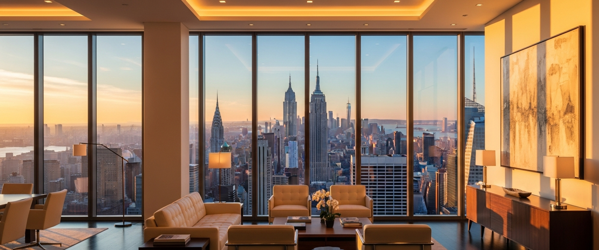 Manhattan skyline at golden hour from executive office with Empire State Building view