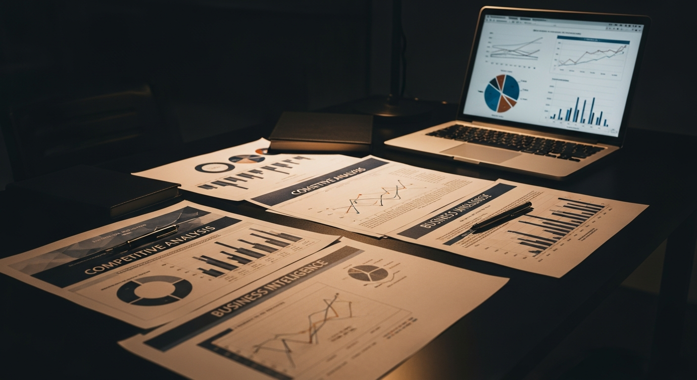 Competitive PR analysis documents and research materials on executive desk