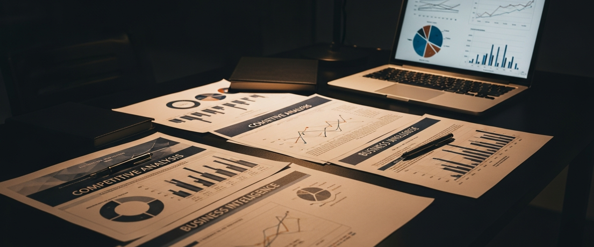 Competitive PR analysis documents and research materials on executive desk