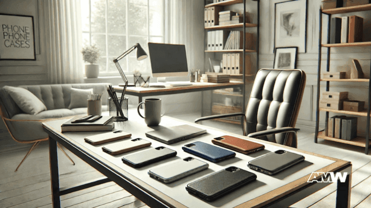 Office desk displaying various smartphone cases