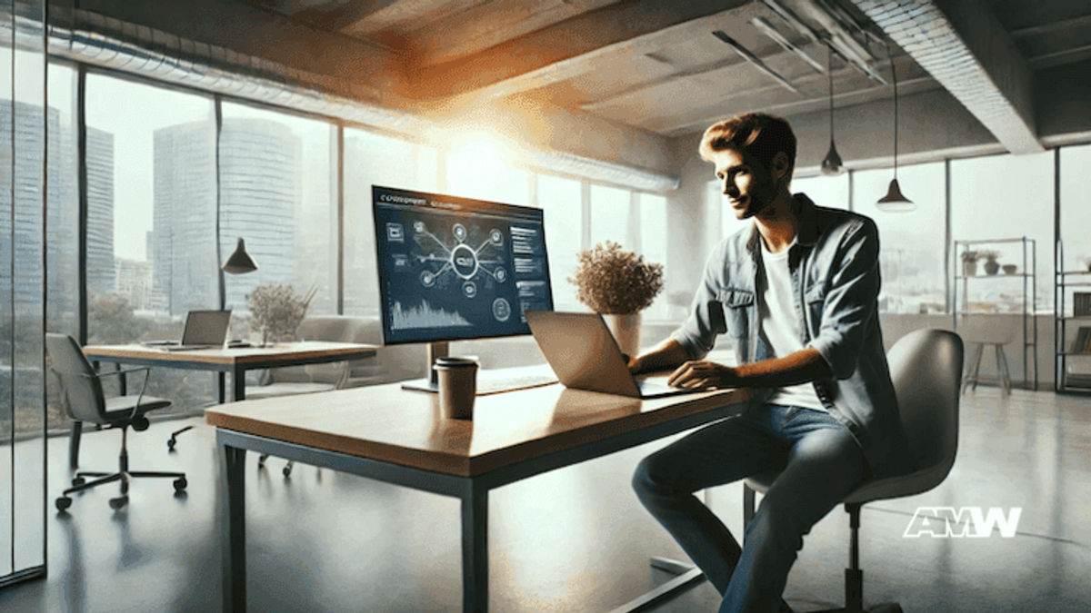 Man working on laptop in modern office.
