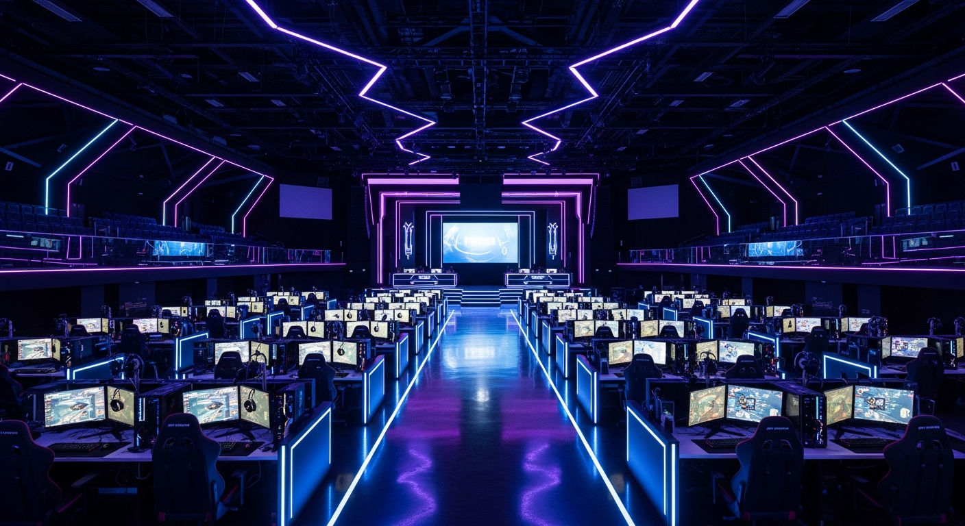 High-end esports arena with premium gaming stations and purple LED accent lighting