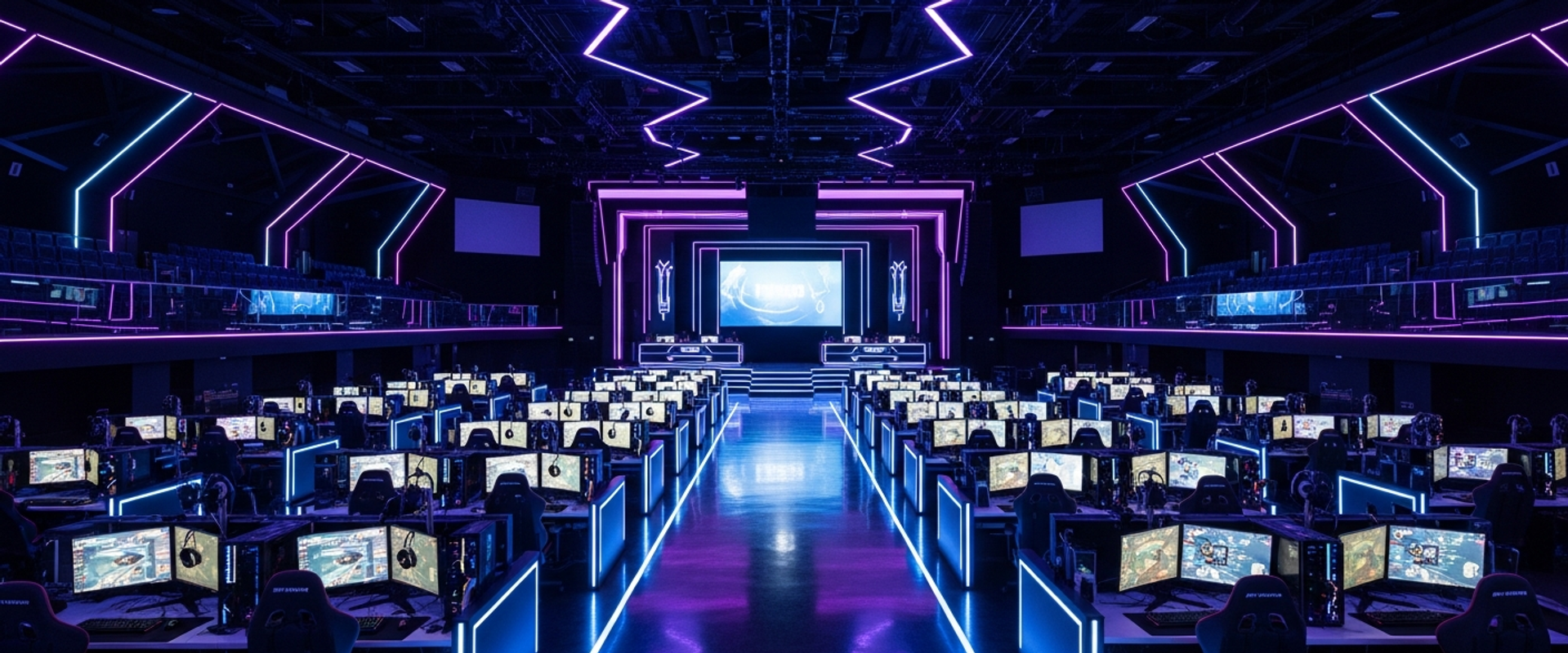 High-end esports arena with premium gaming stations and purple LED accent lighting