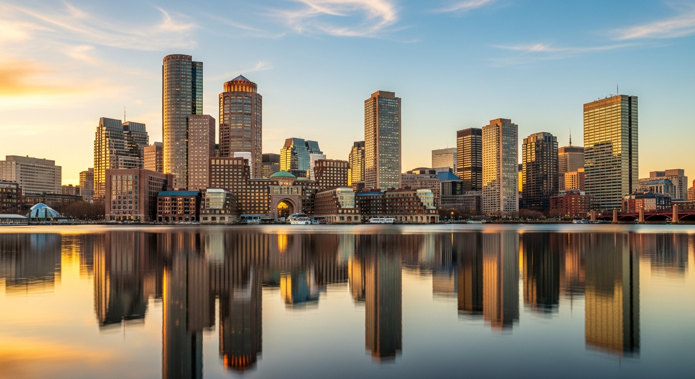 Boston skyline reflected in Charles River at golden hour