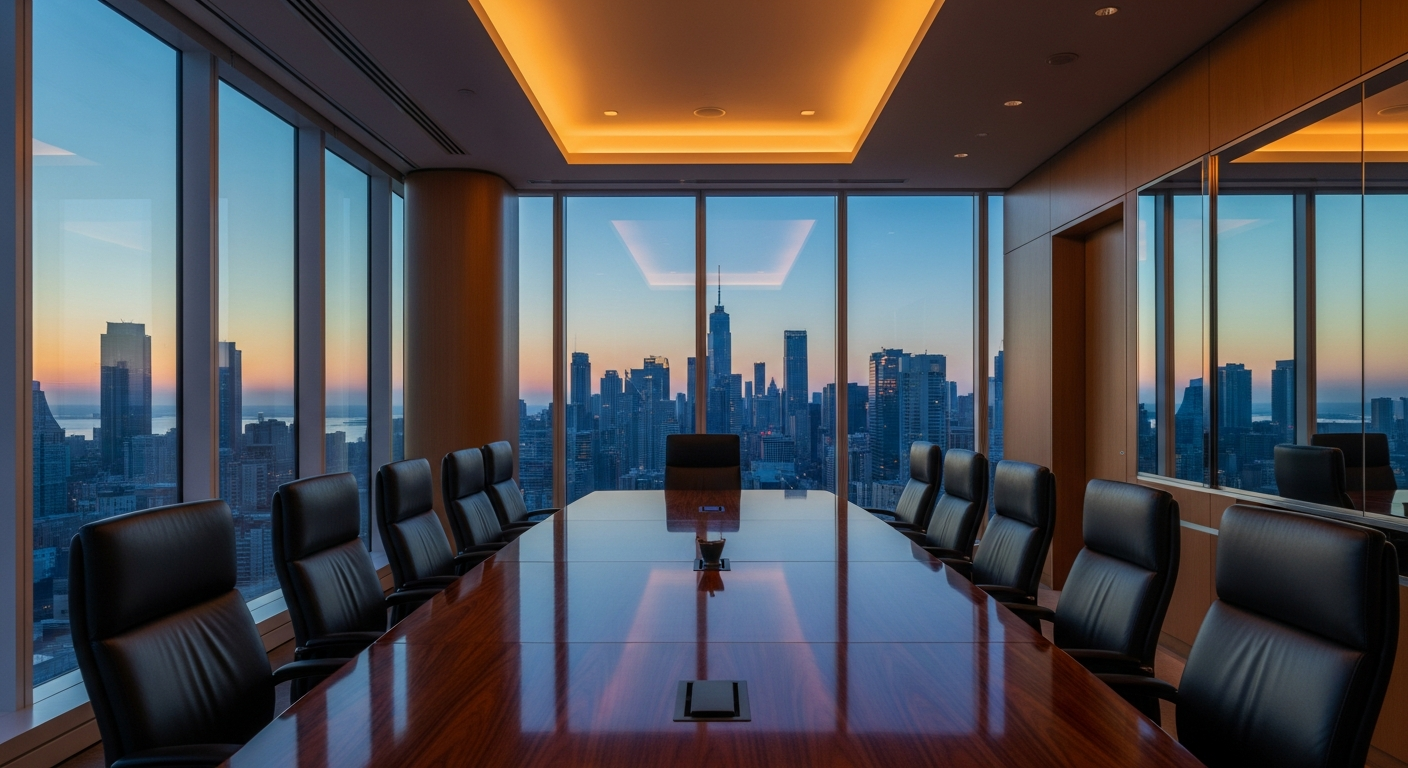 Luxury conference room with city skyline view at dusk