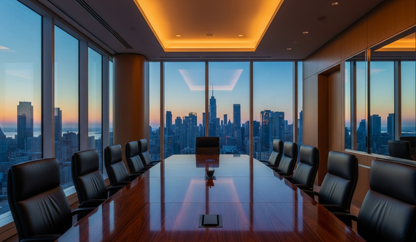 Luxury conference room with city skyline view at dusk