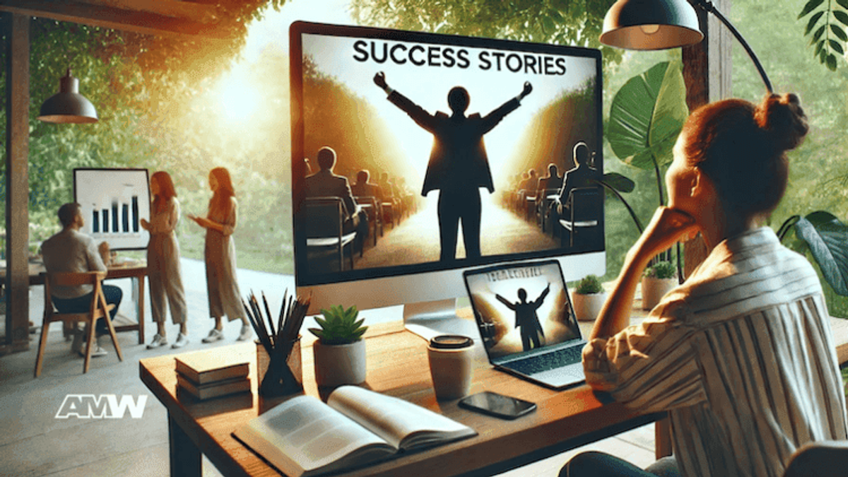 Office setup with success stories presentation.