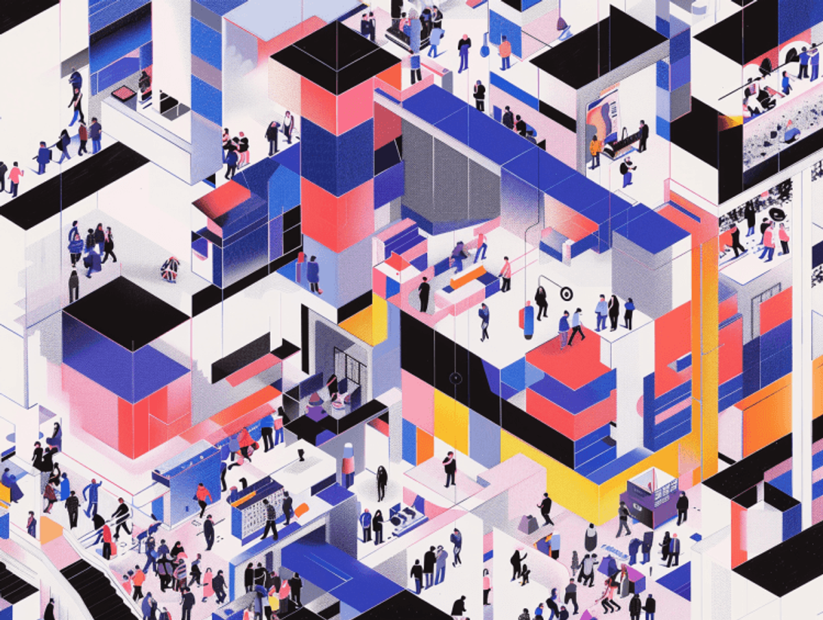 Colorful geometric cityscape with many people.
