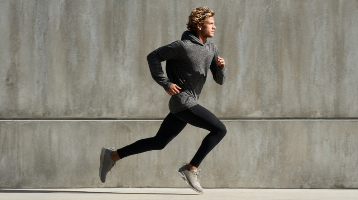 Man jogging in athletic wear against concrete background.