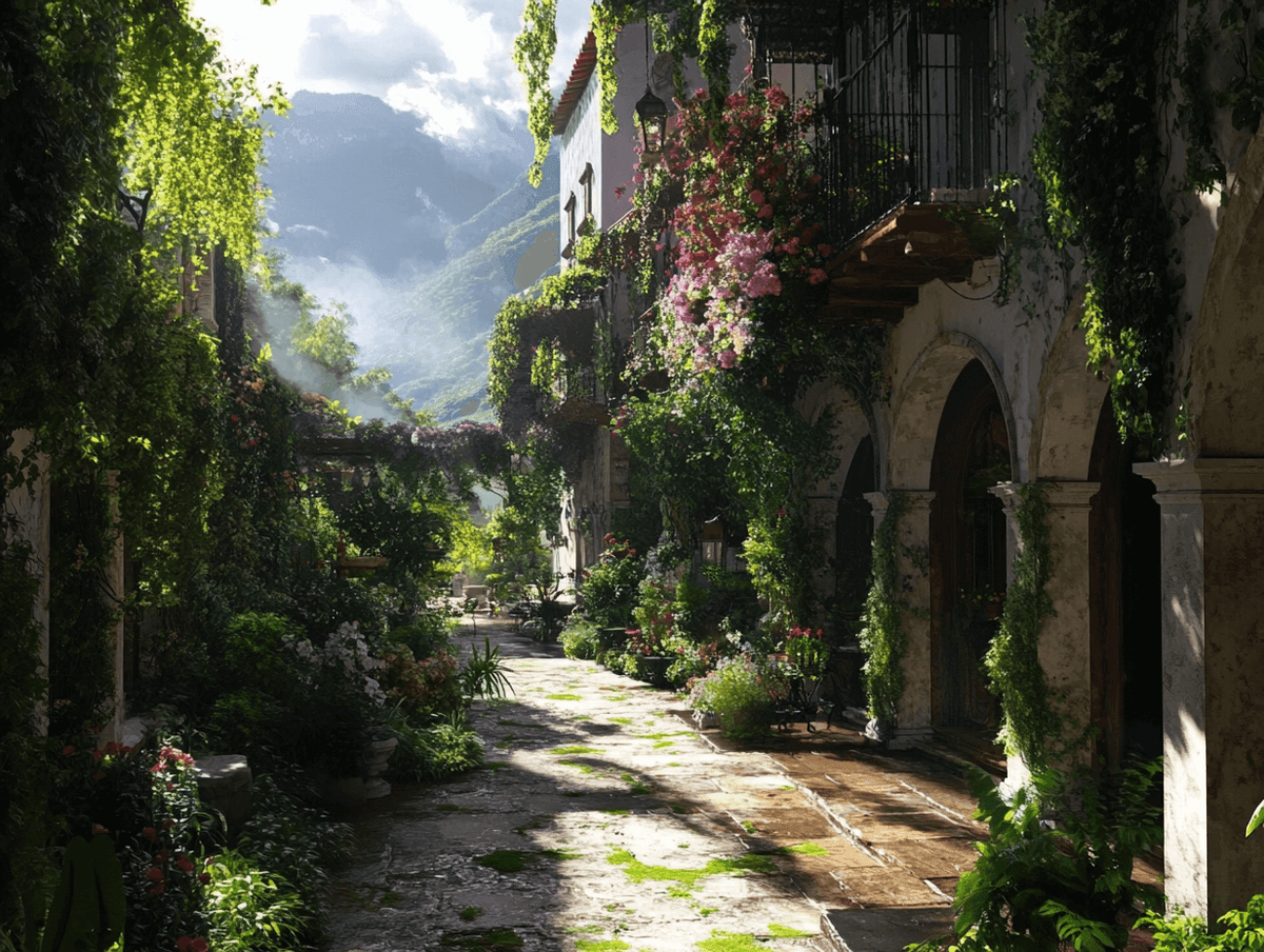 Sunlit garden courtyard with mountain view and flowers.