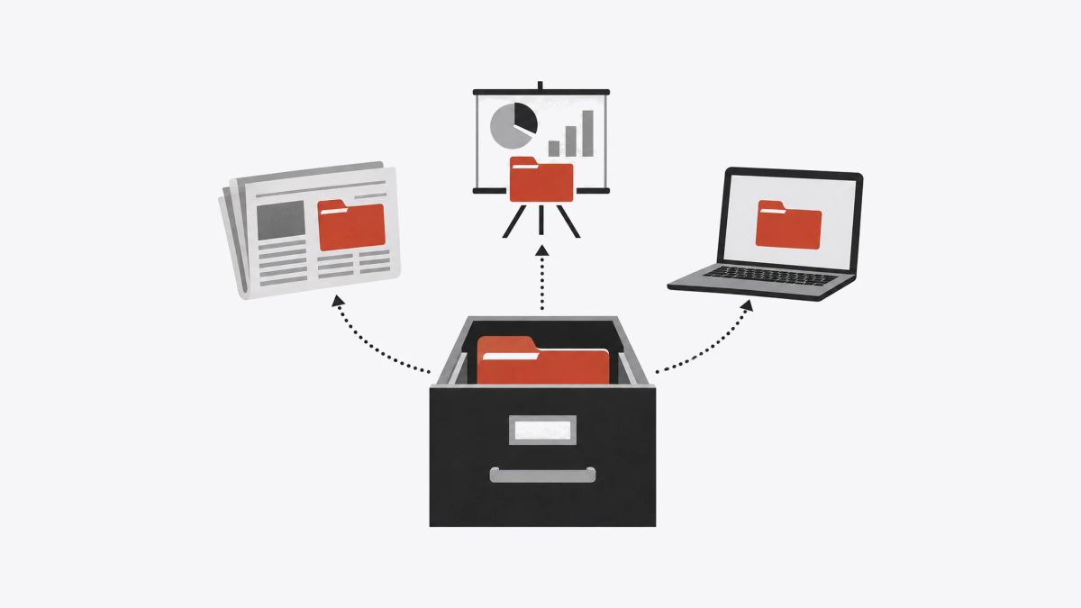 Illustration: One fact sheet feeds every launch document fact sheet; press release; sales deck. Every document is written from the same folder