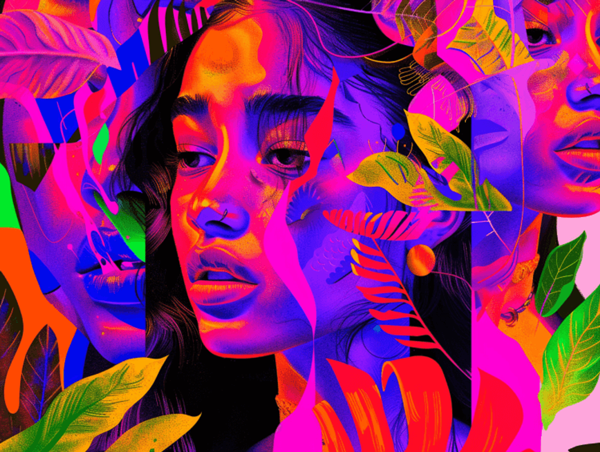 Colorful abstract portrait with vibrant leaves.