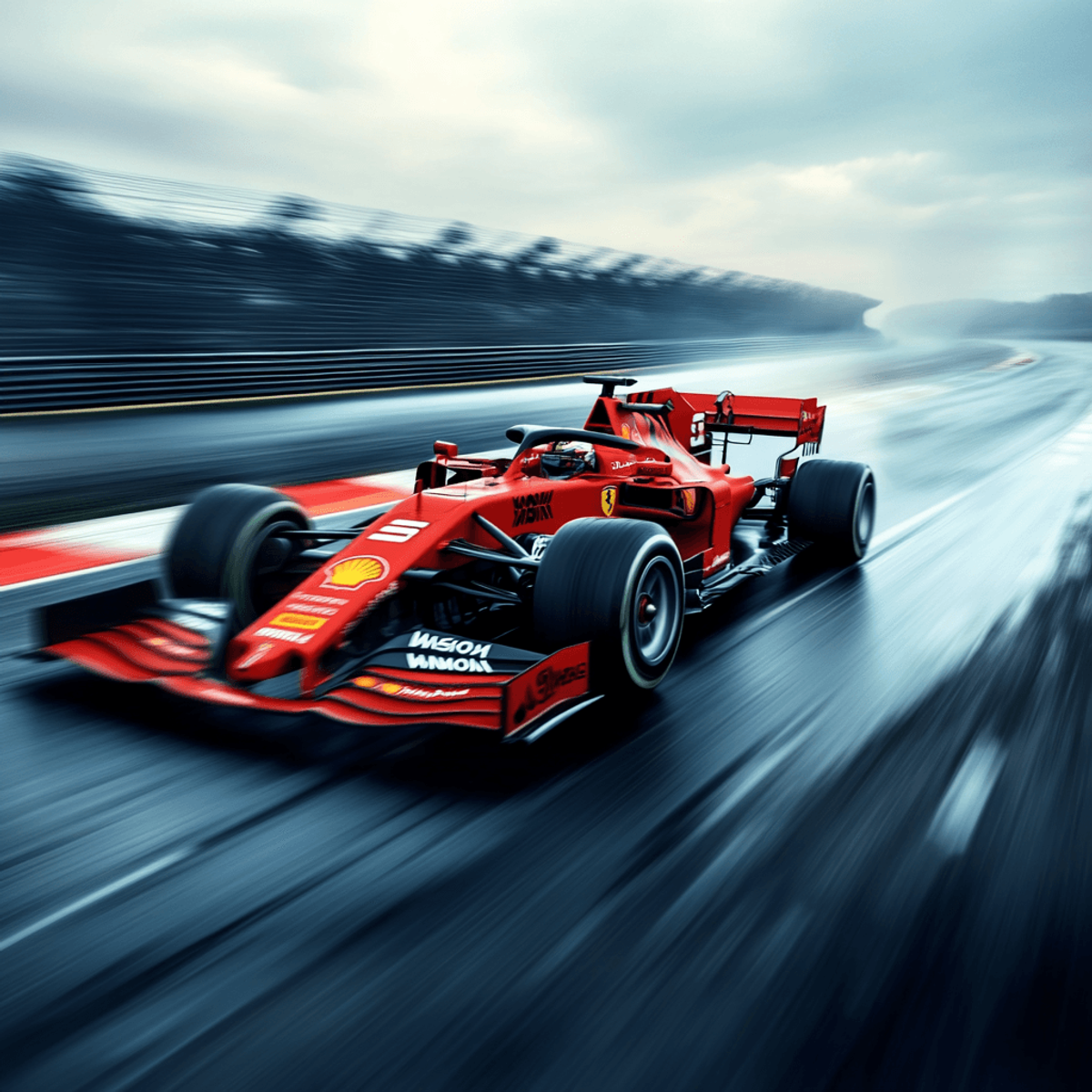 Red race car speeding on wet track