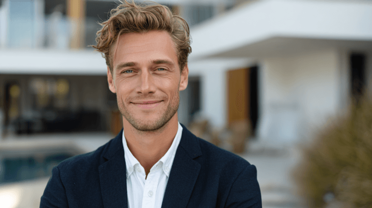 Smiling man in suit outside modern building.