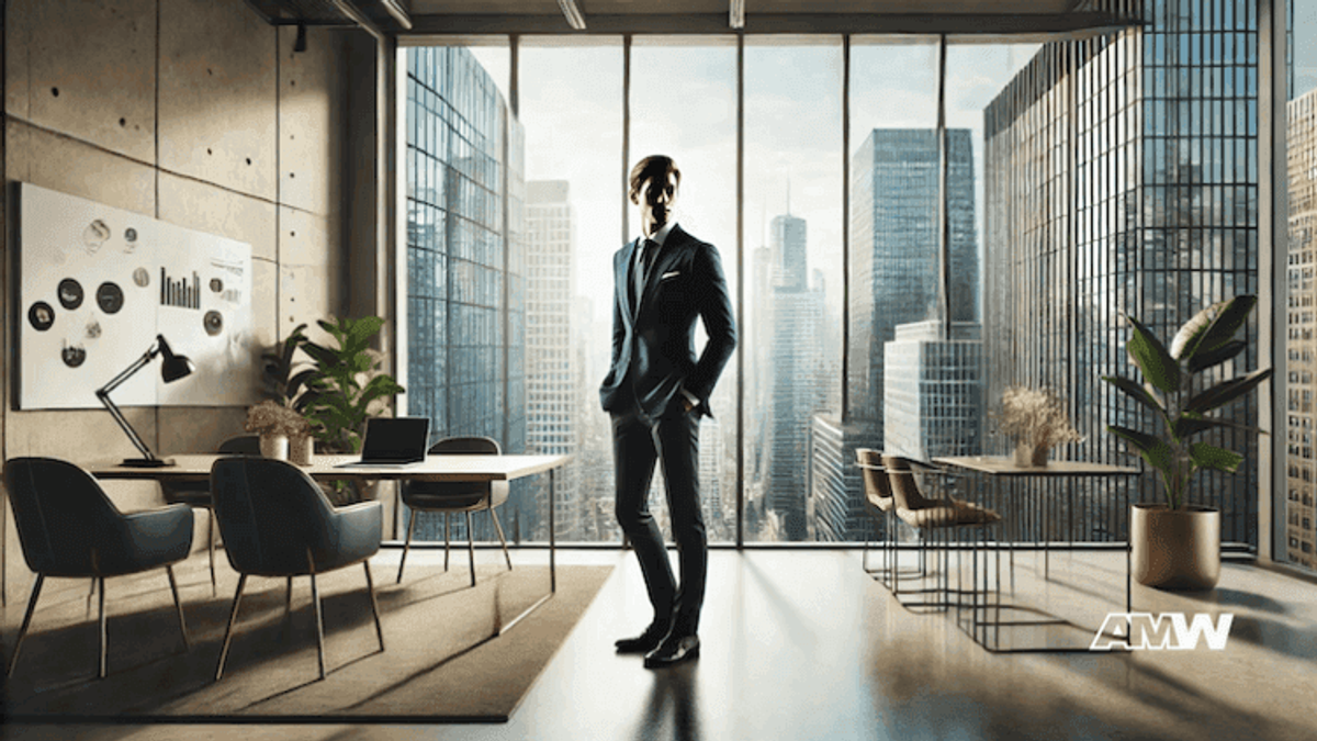 Businessman in modern office with city view.